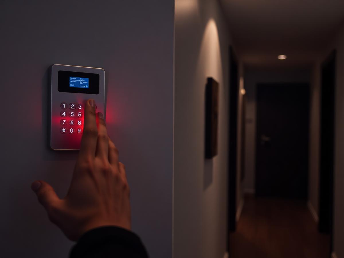 Intruder alarm keypad on a wall in a home hallway