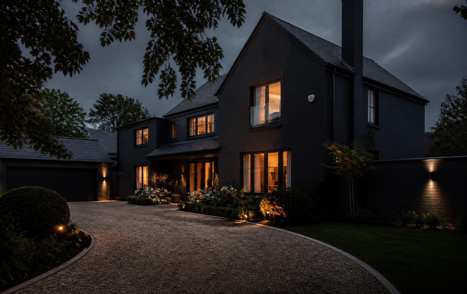 Home at dusk protected by a security system