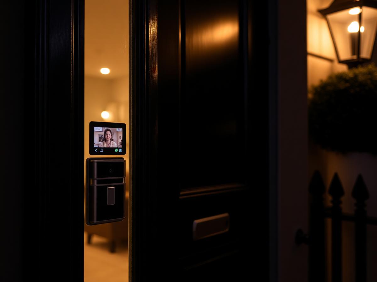 Video intercom entry panel beside a front door